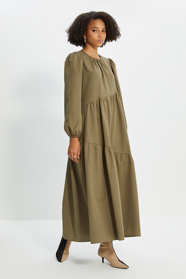 TRENDYOL MODEST Khaki Gather Detailed Cotton Wide Fit Woven Dress TCTSS21EL3470 Trendyol