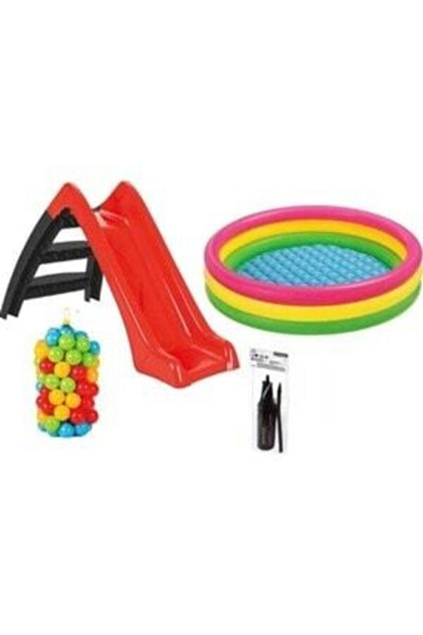 Depomiks Avm Havuzlu Kaydıraklı Oyun Seti (HAVUZ 114CM / 6 CM 200 ' LÜ OYUN HAVUZ TOPU/POMPA / KAYDIRAK)fullset