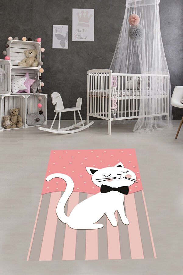 on the clouds Kedili Halı Kedi Desenli Renkli Dijital Baskı Yıkanabilir Kaymaz Taban Bebek Ve Çocuk Odası Halısı