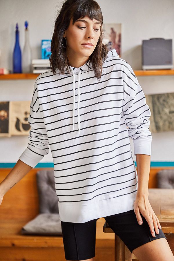 Olalook-Weißes Damen-Sweatshirt mit Kapuze, Streifen und Seitenschlitz SWT-19000410 1