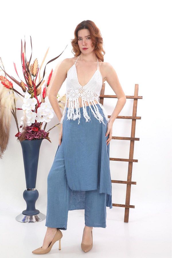 Bohem Stil-Fustă cu pantaloni din in brut italian 1