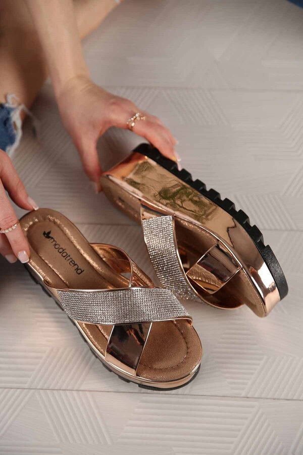 Ccway-Women's Cross Banded Stone Slippers Copper Mirror 1