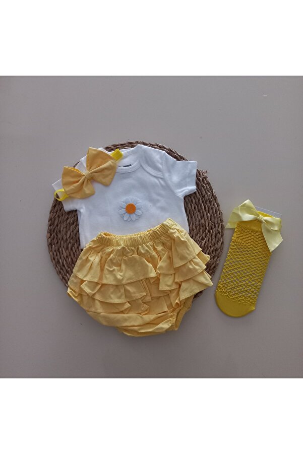 Genel Markalar Kız Bebek Sarı Çiçek Fırfır Şort Etek Bodyli Sarı File Takımı