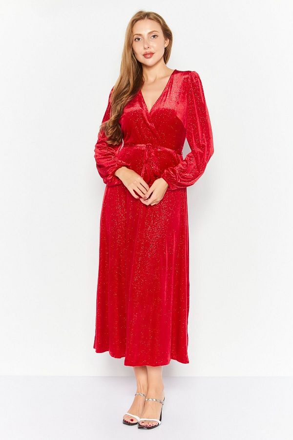 Kasper Women Glitter Velvet Belted Midi Dress Red Trendyol