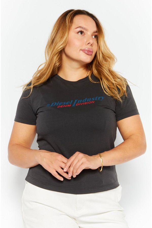 Diesel Women Round Neck Short Sleeve Brand Logo T Shirt Dark Grey Trendyol
