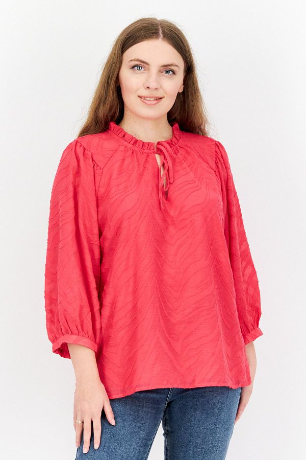 Vince Camuto-Women Tie Neckline 3/4 Sleeves Textured Top, Dark Pink 1