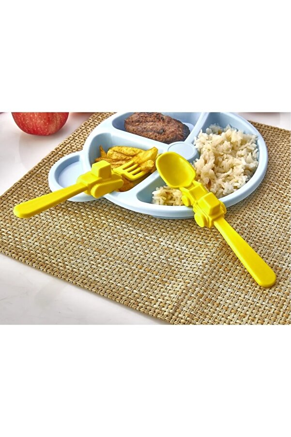 lawrenceshop Iş Makine Figürlü Şekilli Çocuk Çatal Kaşık Seti Çocuk Yemek Seti Figürlü Çatal Kaşık Seti - Sarı