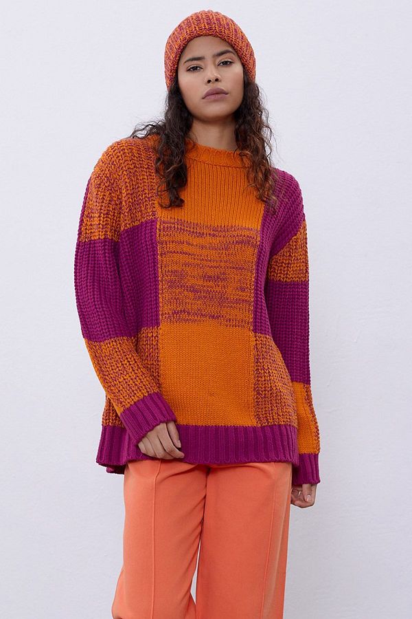 SHERIN Purple Orange Crew Neck Knitted Sweater Swk4355mt Trendyol