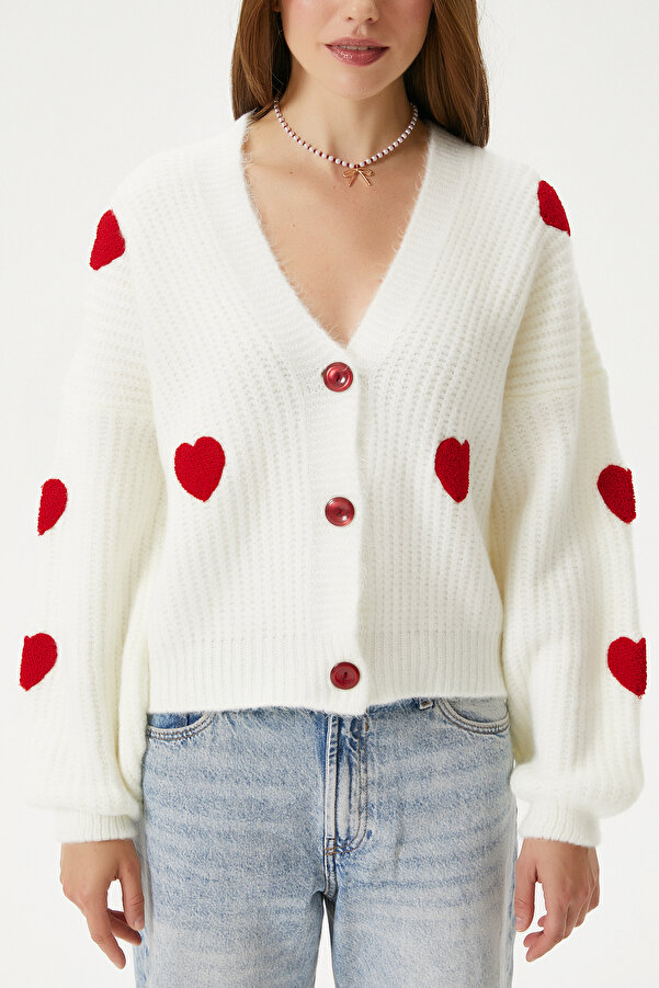 Ritnice Women's Cozy Red Heart Embroidered Knitwear Cardigan- Trendyol - Technical View