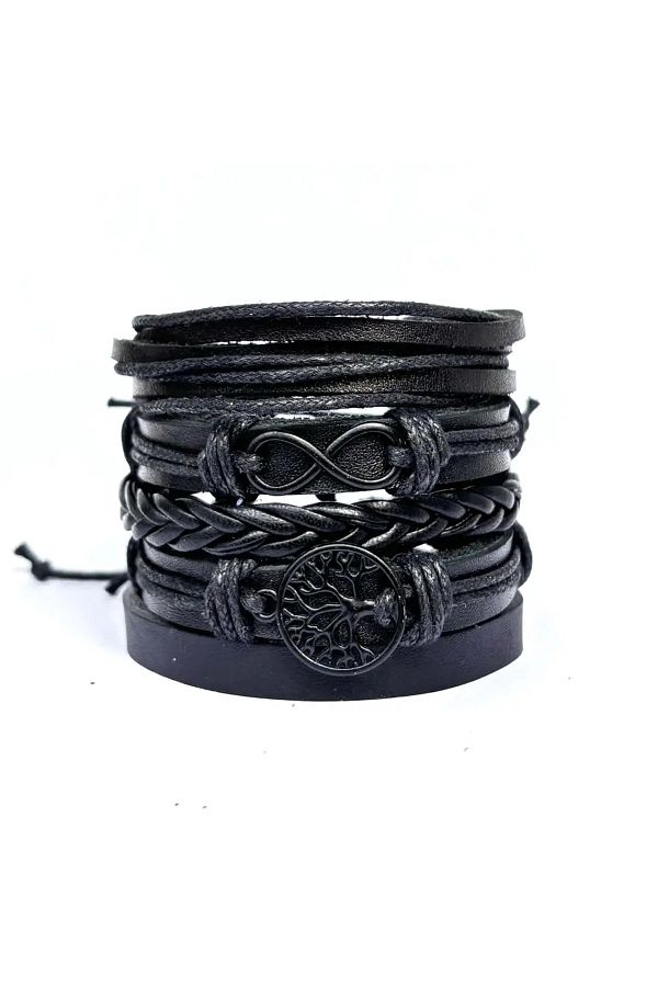 BSN Store-Black Figured Tree of Life and Infinity 5-Piece Black Genuine Leather Bracelet 1