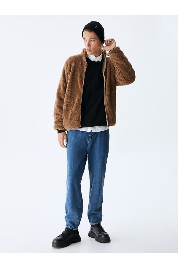 Ltb-Plain Stand Collar Zippered Regular Fit Camel Sweatshirt 1