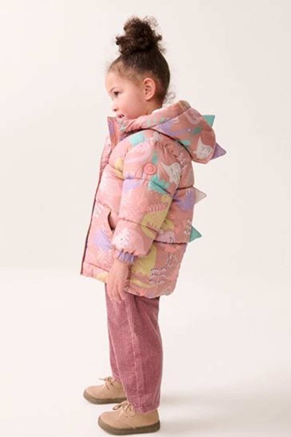 Next Baby Pink Dinosaur Patterned Hooded Water-Resistant Fully Fleece Lined Coat