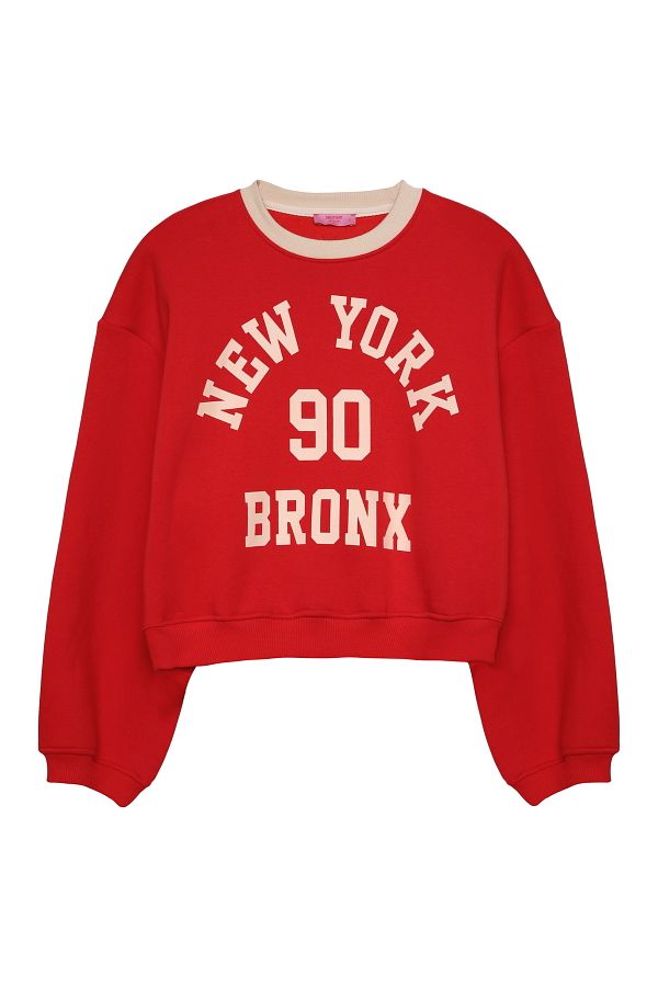 Quzu-Red Oversize Sweatshirt - Print Detailed 1