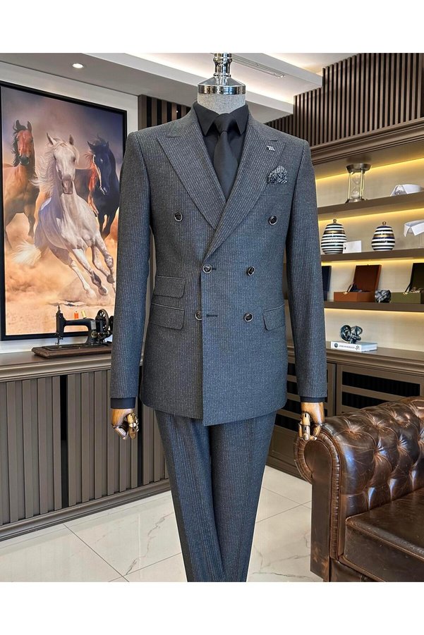 TerziAdemAltun Italian style slim fit striped jacket pants suit anthracite T9947