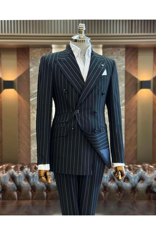 TerziAdemAltun Italian Style Slim Fit Striped Double-Breasted Jacket Trousers Suit Black T11933