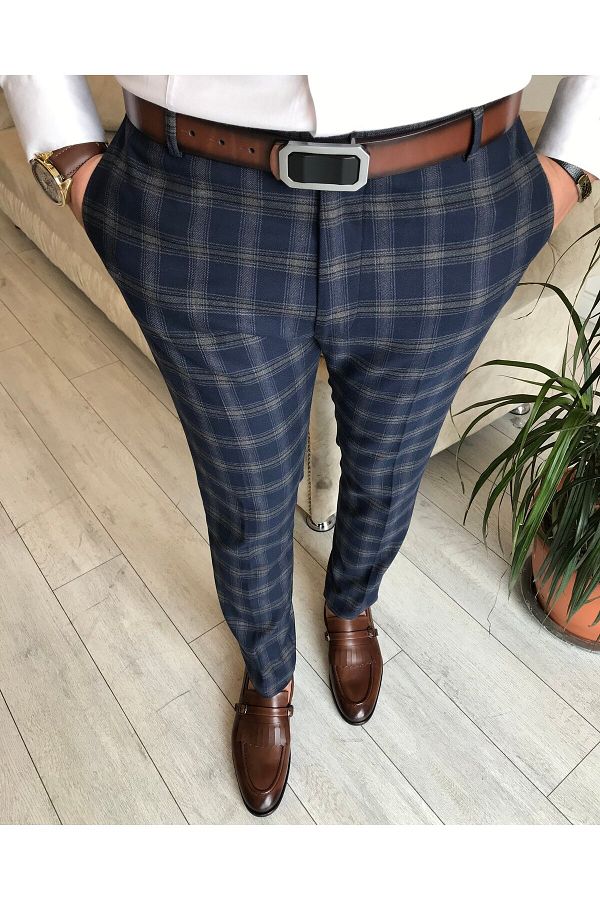 Mens navy tartan trousers online