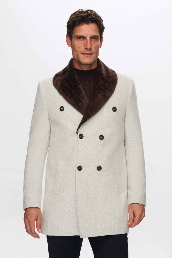 D'S Damat-Double Breasted Coat with Removable Fur Collar in Beige with Regular Fit 1