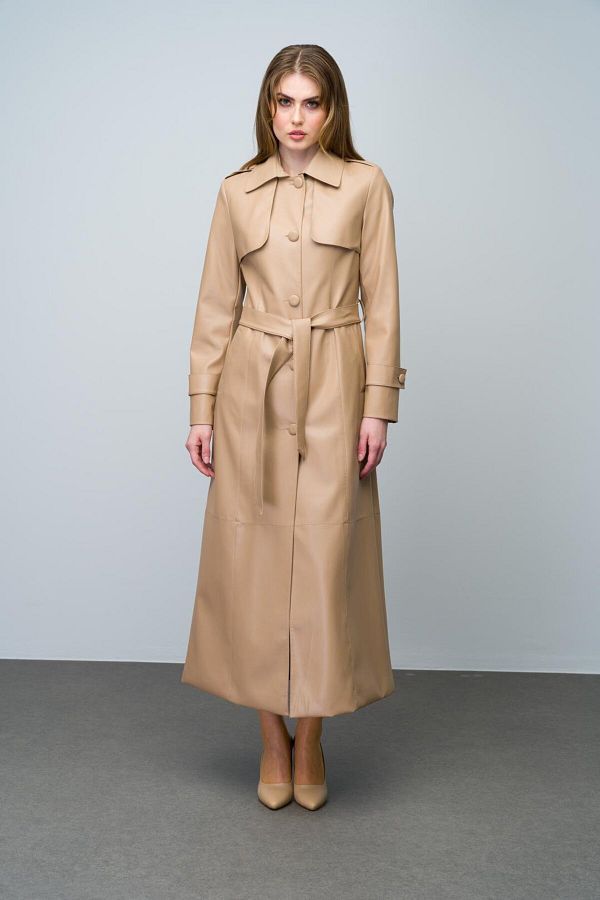 Camel leather trench coat clearance