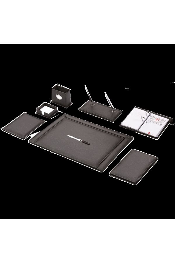 Gülpaş-Optical Patterned Napa Faux Leather Desk Mat Set - Black with Double Pen 913 1