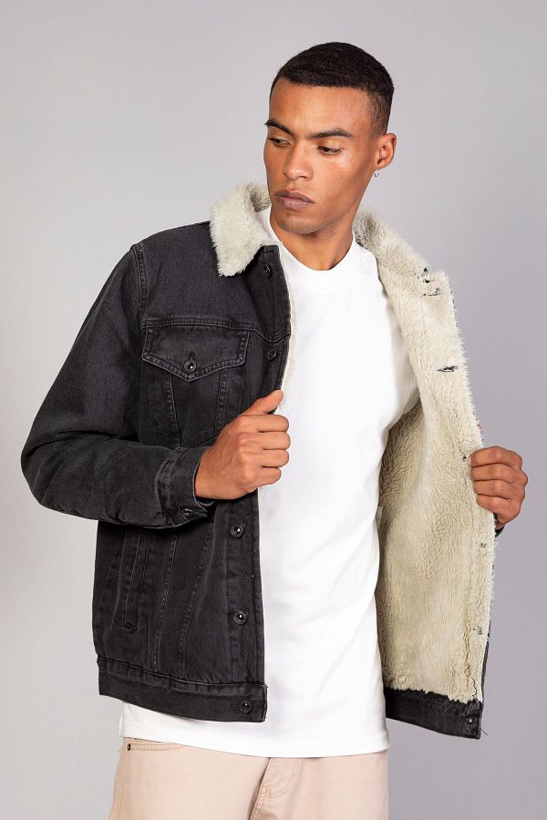 Little Cup Black Inside White Fur Lined Sleeve Quilted Oversize Denim Jacket Trendyol