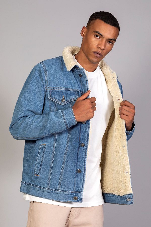 Light blue denim jacket with fur sales