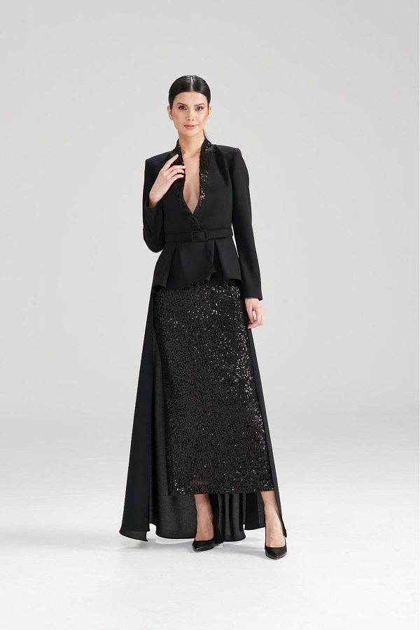 CLIO Plus Size Sequin Skirt with Short Front and Long Back Jacket Crepe Set Trendyol