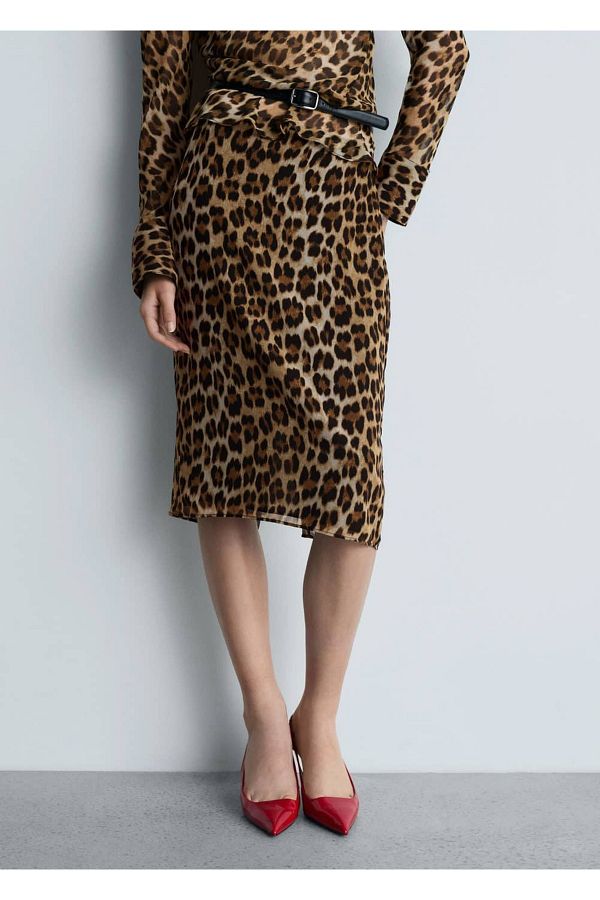 MANGO Woman-Leopard Patterned Midi Skirt 1