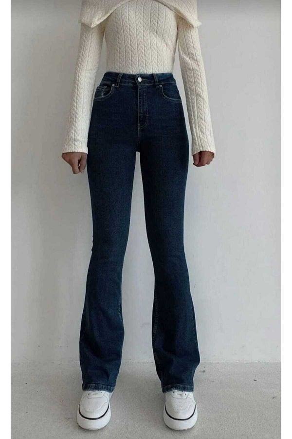LİMABEL-Dark Blue Flare Leg Denim Pants High Waist Flare Jeans Gathering 1