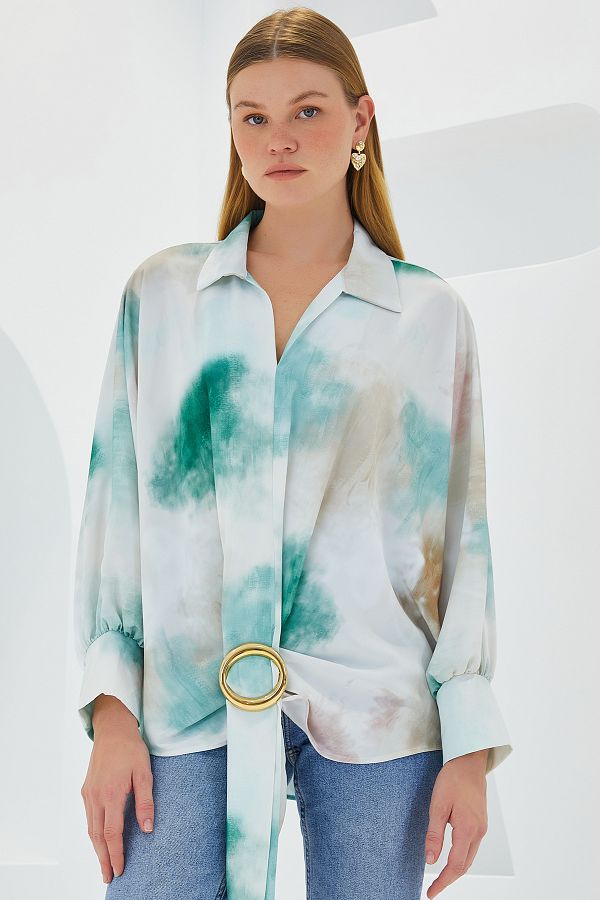 Bigdart-Grünes Ecru Satin Oversize Hemd - Damen 907 1