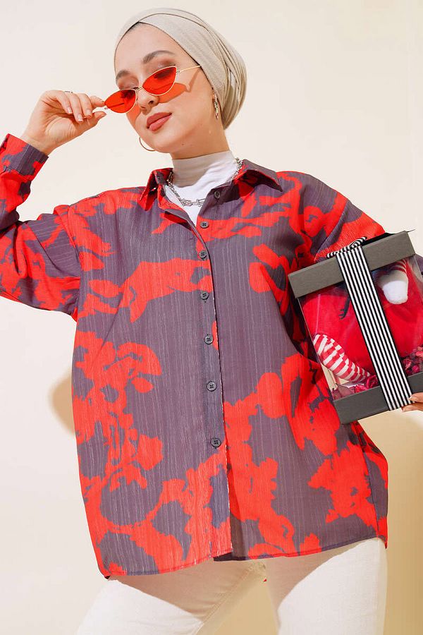 Bigdart-20179 Patterned Long Oversize Shirt - Red 1