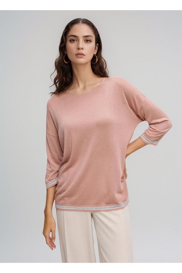 T Guel Women s Rose Colored Glittered Fakir Sleeve Thin Sweater