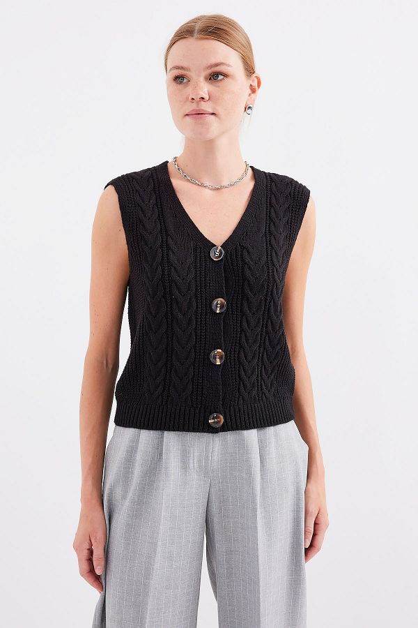 Bigdart-15882 Model - Black Short Knitwear Vest with Buttons 1