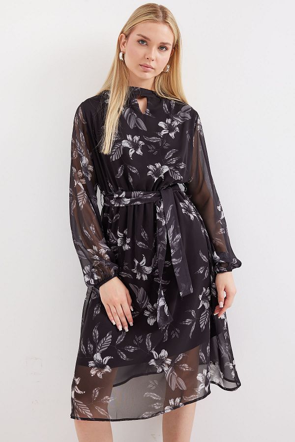 Bigdart-2459 Model Black Patterned Tulle Dress - Lined 1