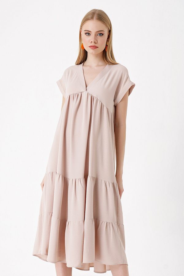 Bigdart-2398 Φόρεμα V-Neck Flounce - Μπεζ 1