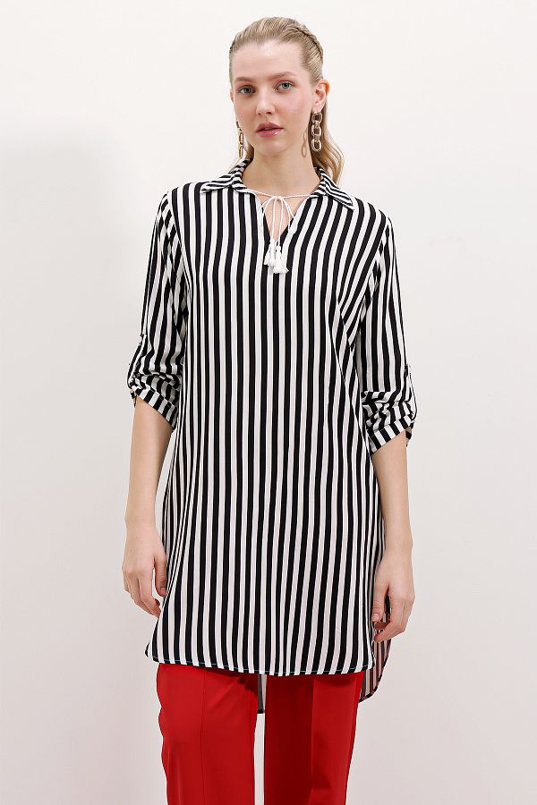 Bigdart-5613 Collar Lace Up Striped Tunic - Black 1