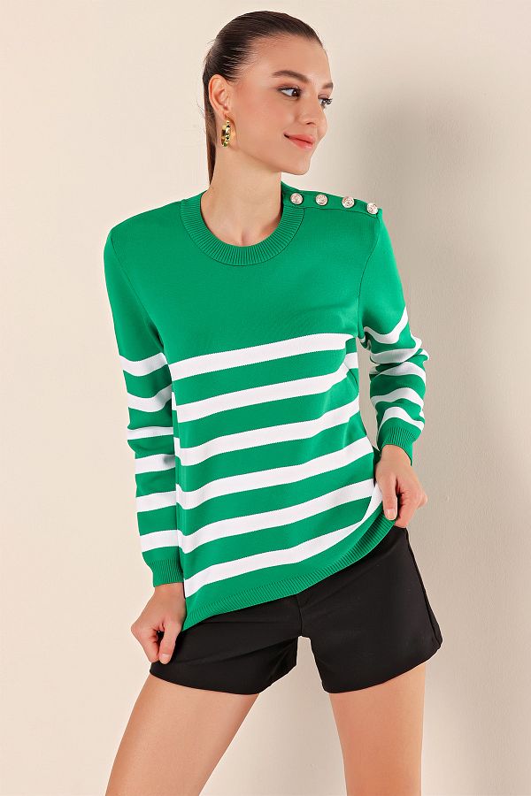 Bigdart-15820 Sweter w paski z guzikami - zielony 1