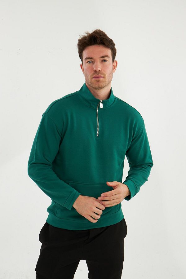 VENA-Bruce Stand Collar Half Zipper Cotton Sweatshirt - Forest 1