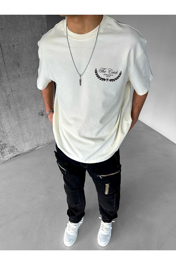 ablukaonline-Ανδρικό μπλουζάκι Oversize 100% βαμβακερή υφή με χοντρή λαιμόκοψη εκρού 1