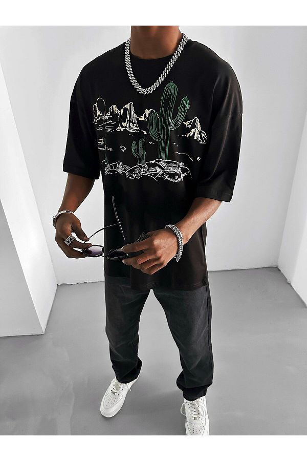 ablukaonline-Tricou negru oversize pentru bărbați - imprimat 1