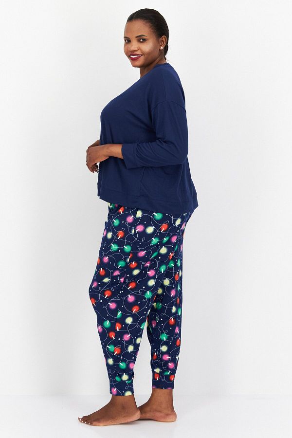 Jenni Intimates Women 2 Piece Plus Size Long Sleeve Pyjama Set Navy Blue Combo Trendyol