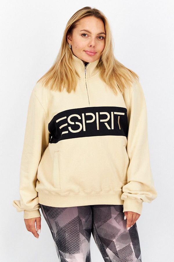 Esprit Women High Neck Brand Logo Sweatshirt Beige Black Trendyol