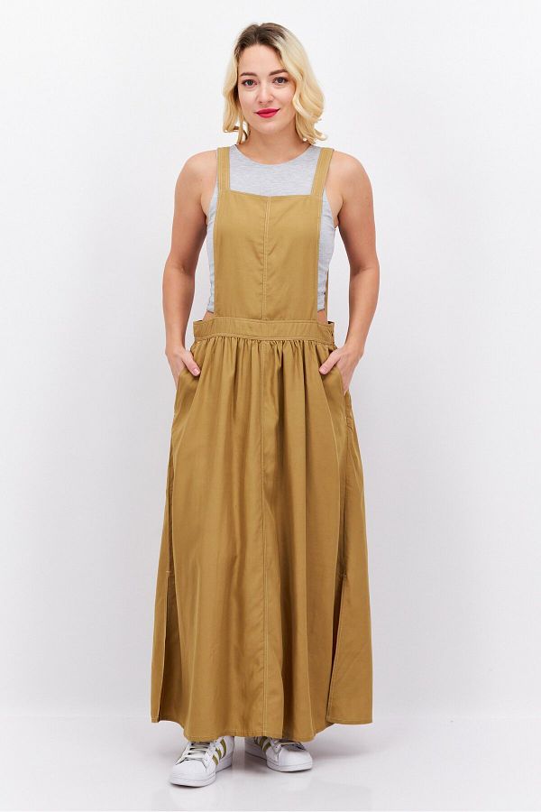Esprit Women Solid Midi Dungaree Dress Khaki Trendyol