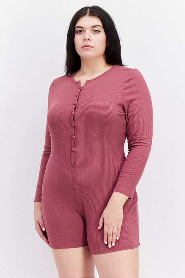 Style Not Size X Jenni Women Plus Size Ribbed Long Sleeve Playsuit Maroon Trendyol