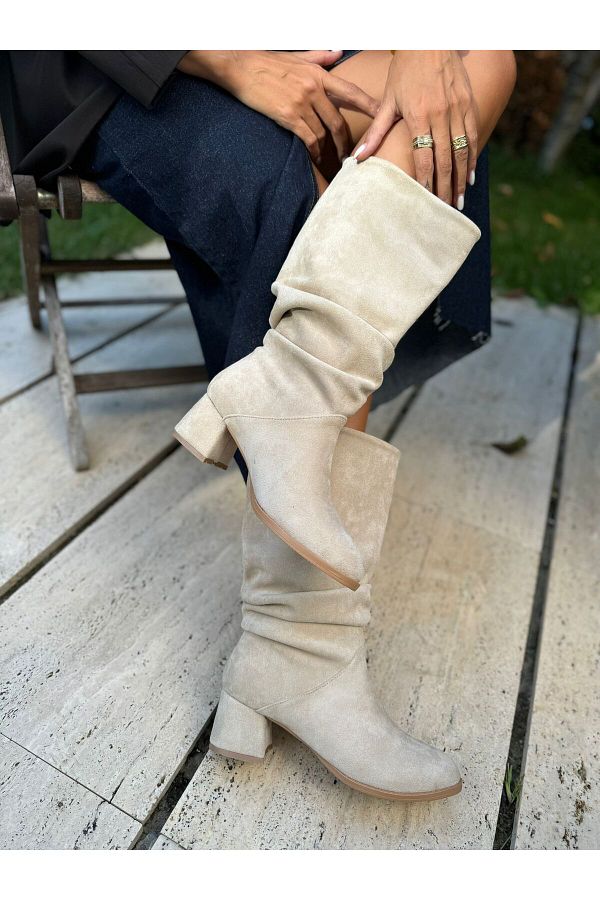 İnan Ayakkabı-Beige Suede Luxury Material Women's Bellow Boots Heel Size (5 cm) 1