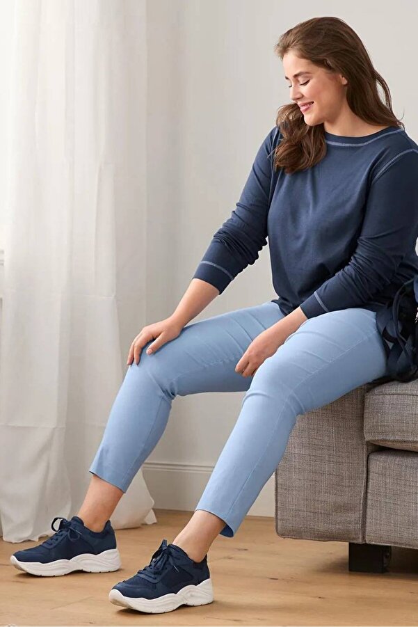 Tchibo Women Straight Leg Plain Stretch Pants, Blue- Trendyol