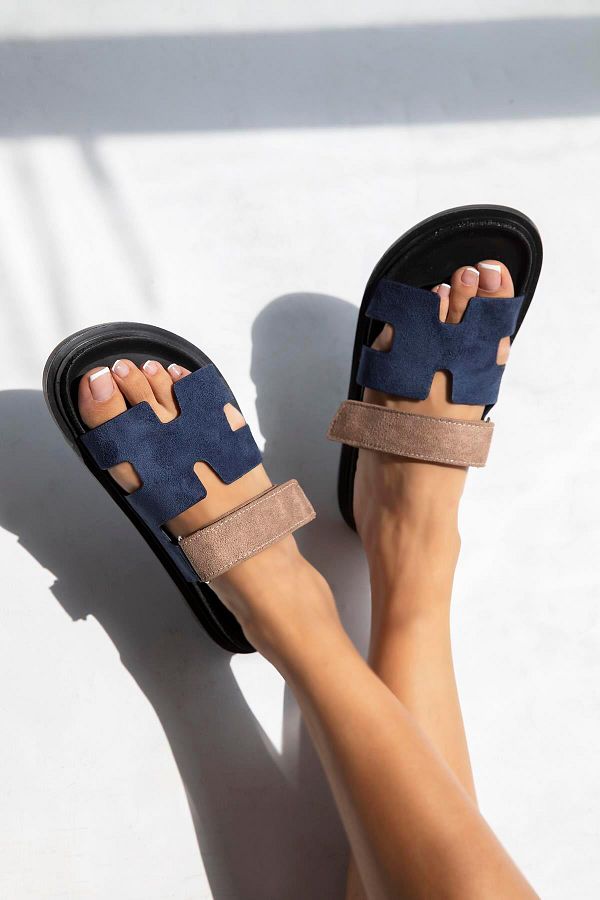 Straswans Palmeira Women S SlipperS Navy Blue velCro Strap and Suede Trendyol