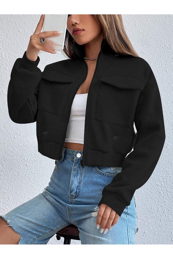 Sweetline Women s Stand Collar Black Crop Jacket with Pockets Sweatshirt Cardigan Trendyol