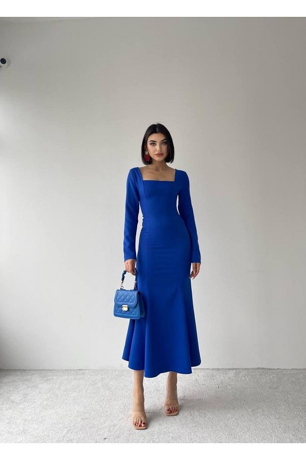 conconmoda-فستان أزرق طويل بياقة مربعة 1