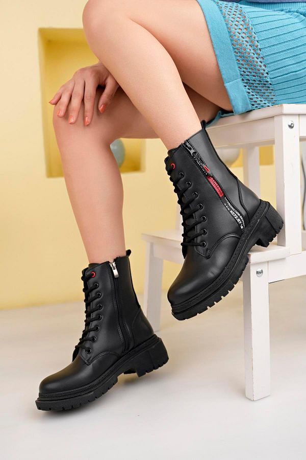 Aymood Black Women s Pu Leather Boots Winter Thick Sole Zippered Lace Up Medium Size 5 Cm Heel Daily Trendyol
