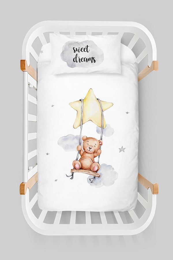 Tu ba Ku u Mother s Side Crib Bedding Set 60X100 Pure Baby Series Brown Bear Swinging on the Star Trendyol